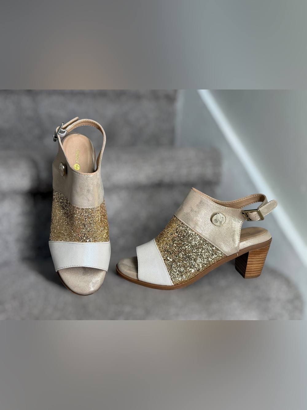 Lindsay Phillips Elise Gold Glitter Metallic Block Heel Statement Wedding Guest